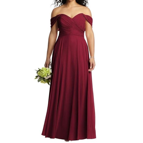 Dessy Collection Off Shoulder Draped Chiffon Maxi Dress Burgundy Women's 4 $284 - Picture 2 of 11